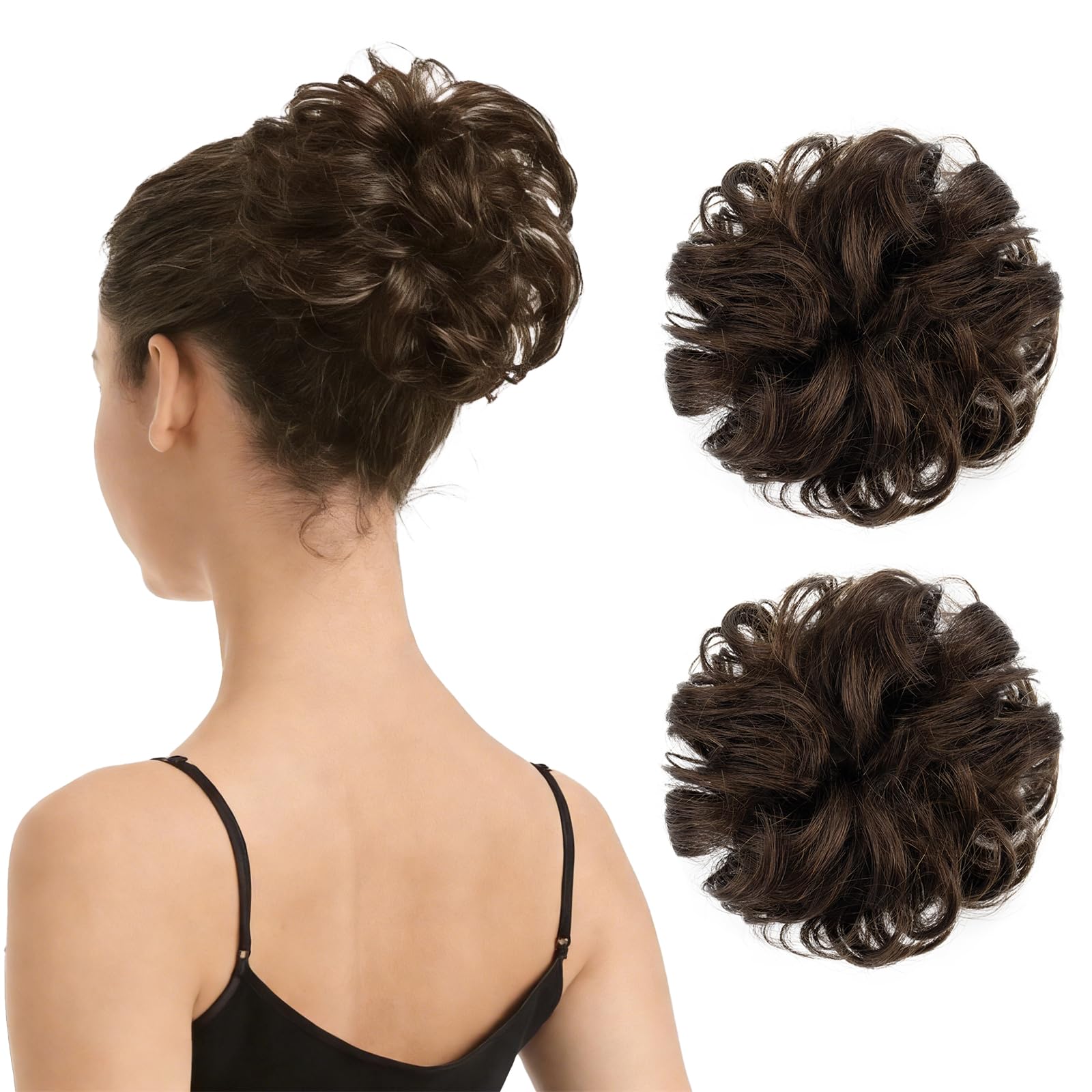 BARSDAR 100% Human Hair Bun Extension - 2 PCS Real Human Hair Brown Messy Bun Scrunchie for Women - Elastic Wavy Brunette Updo Extensions Soft Fluffy