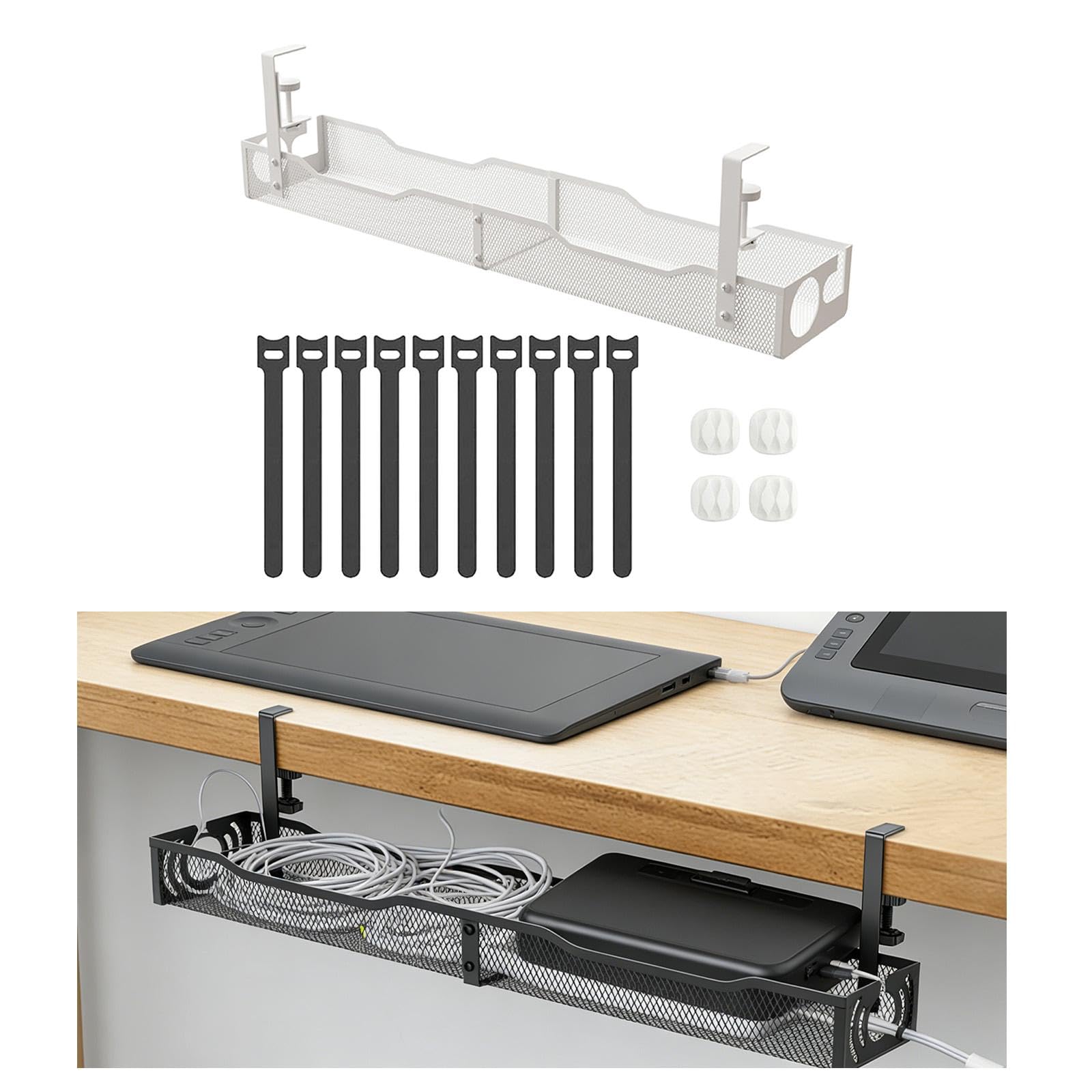 MagiDeal Goulotte de gestion des câbles sous bureau, organiseur de câbles sans endommager le bureau, goulotte à 2 trous pour bureaux assis-debout, hub USB, Blanc