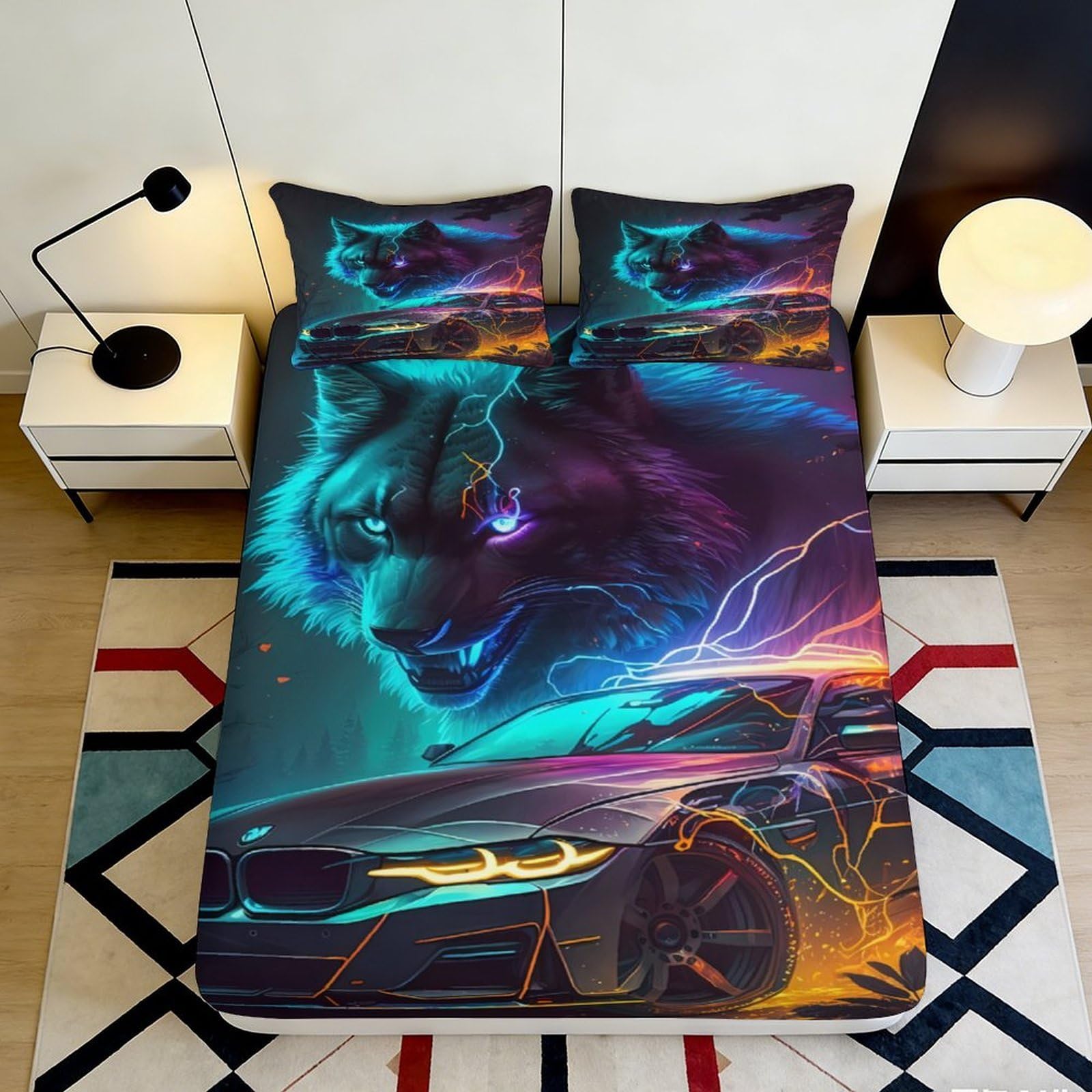 3D Printed Neon Wolf Fitted Sheet Microfiber Durable Soft Lightning Car Mattress Cover for Bedroom Dormitory Guest Room Protection and Decoration 180x200x25cm