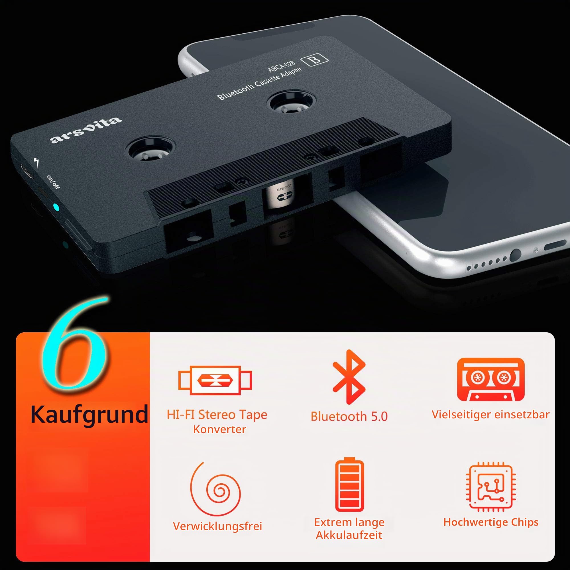 Arsvita Car Audio Bluetooth Wireless Cassette Receiver, Tape Player Bluetooth 5.0 Cassette Aux Adapter, Black