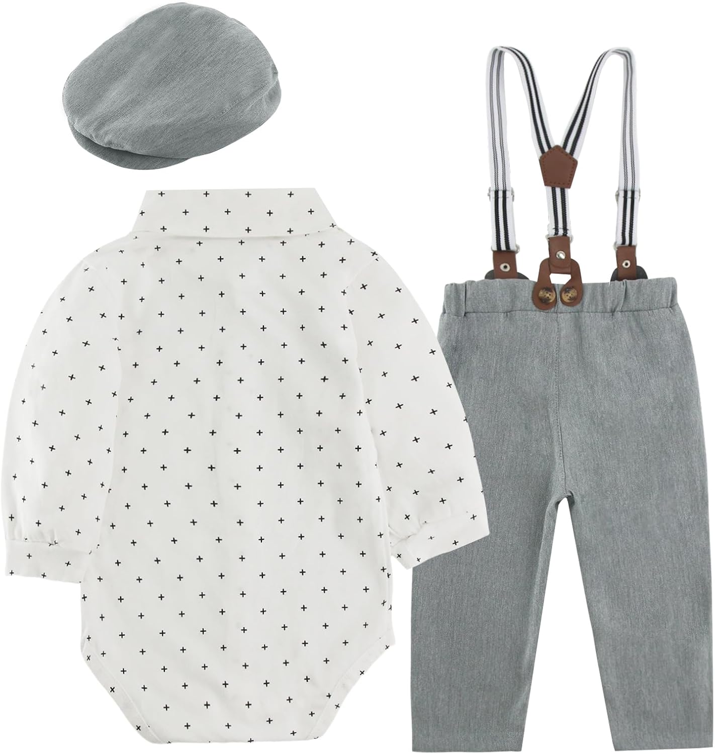 Boys Clothes Set Infant Tuxedo Long Sleeve Gentleman Suit Outfits Beret Hat Suspender Pants Bowtie Baby 0-18M - Image 2