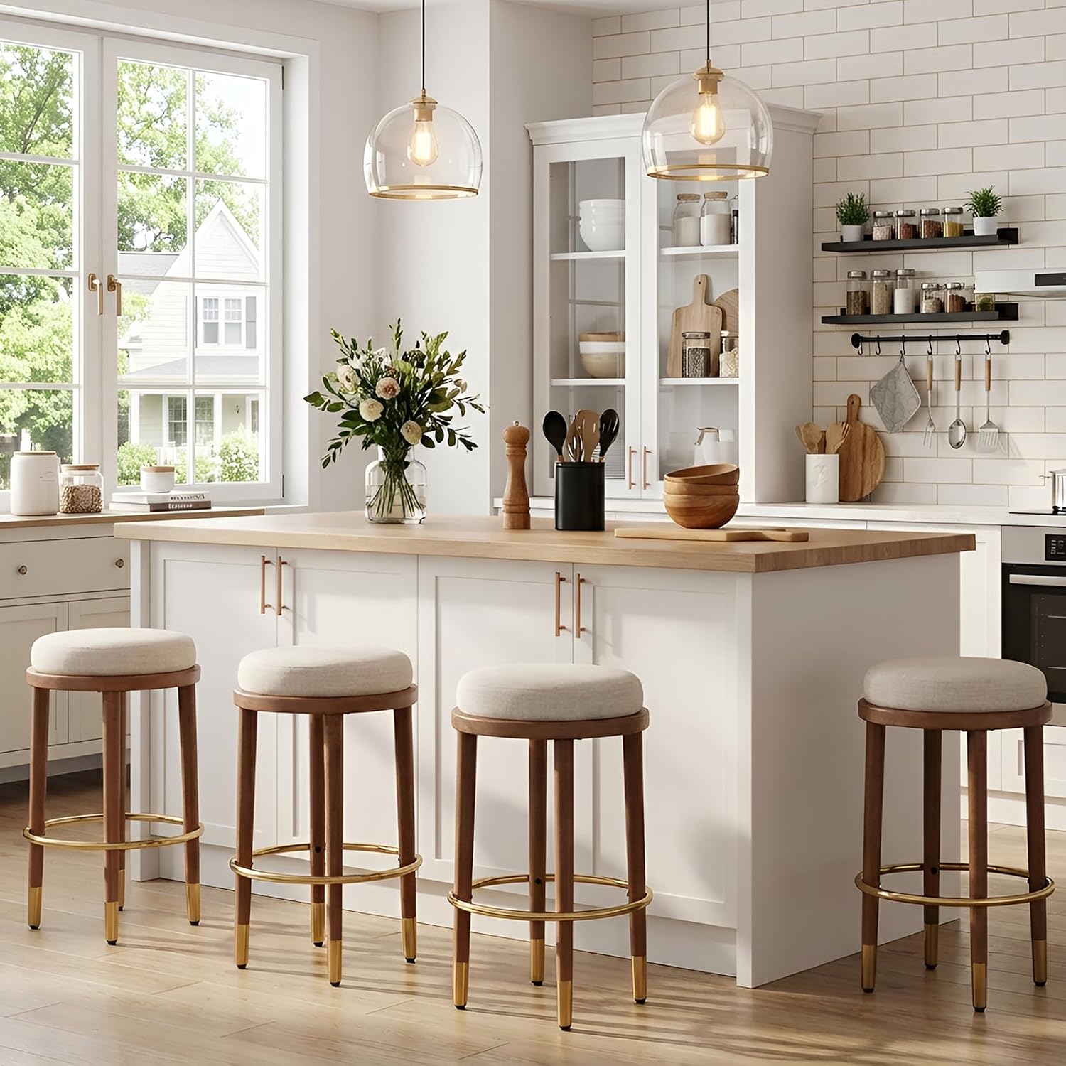 26’’ Rustic Backless Bar Stools with Metal Gold Footrest Counter Height Barstools Set of 2 Modern Round Farmhouse Beige Linen Upholstered Wooden Stools with Natural Solid Wood Legs for Kitchen Island