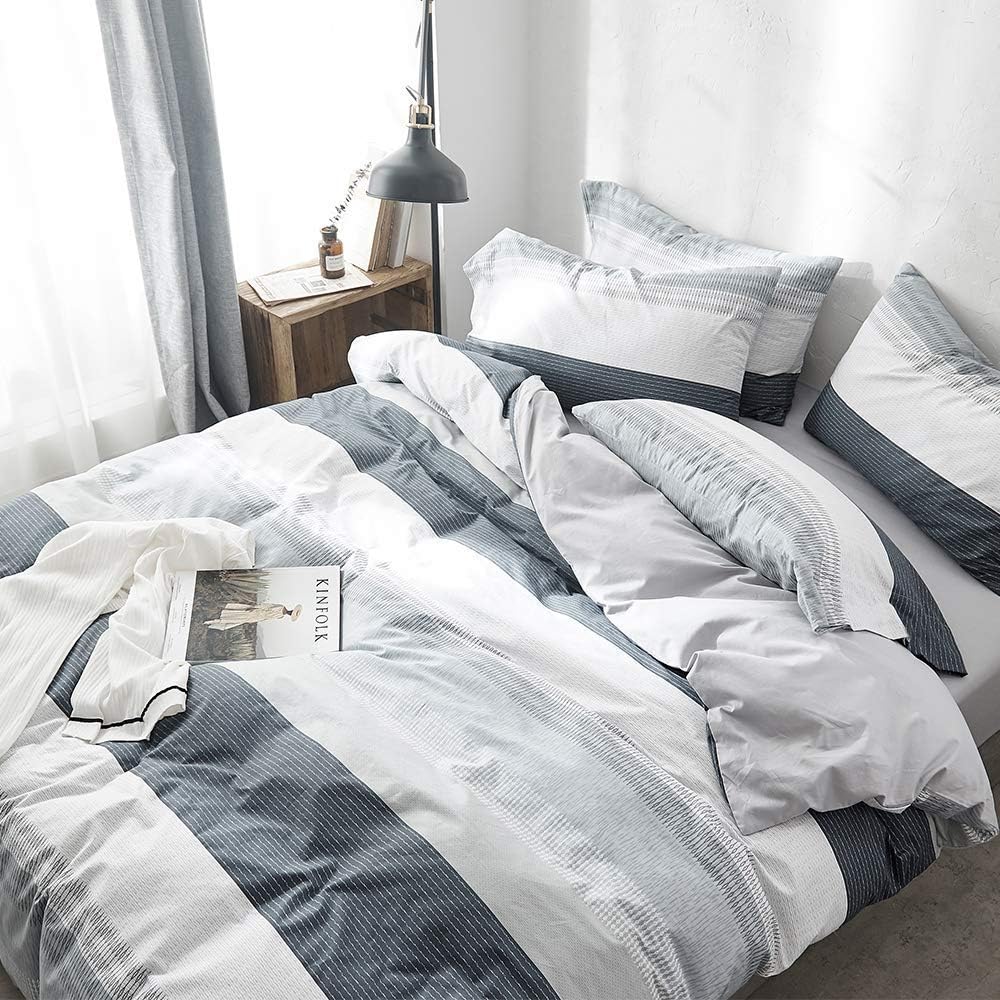 Twin Duvet Cover Cotton Comforter Cover Gray Blue White Duvet Cover Striped Modern Duvet Cover Geometric Bedding Set Lightweight Soft 3 Pieces with Ties for Boy Man