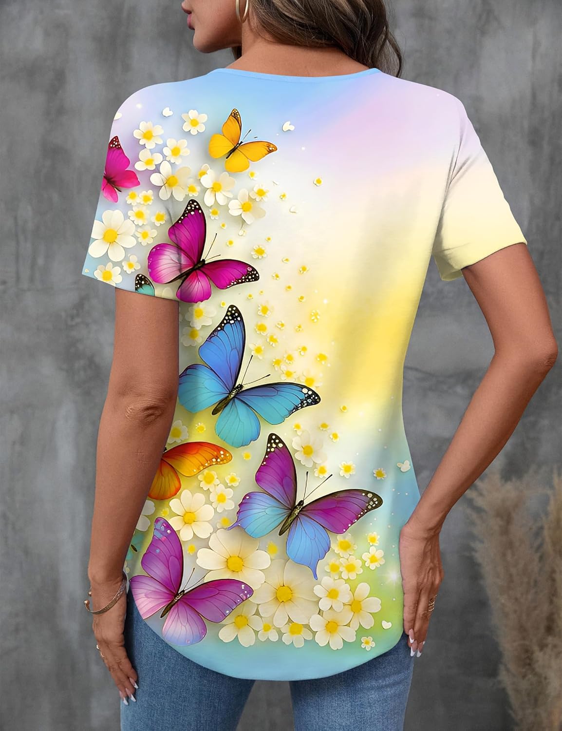 LOMON Womens Criss Cross Short Sleeve T-Shirts V-Neck Floral Summer Blouse Tops