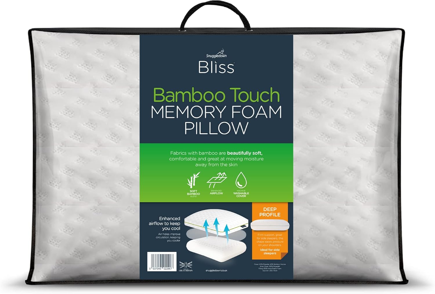 Snuggledown Bamboo Memory Foam Pillow 1 Pack Firm Support Side