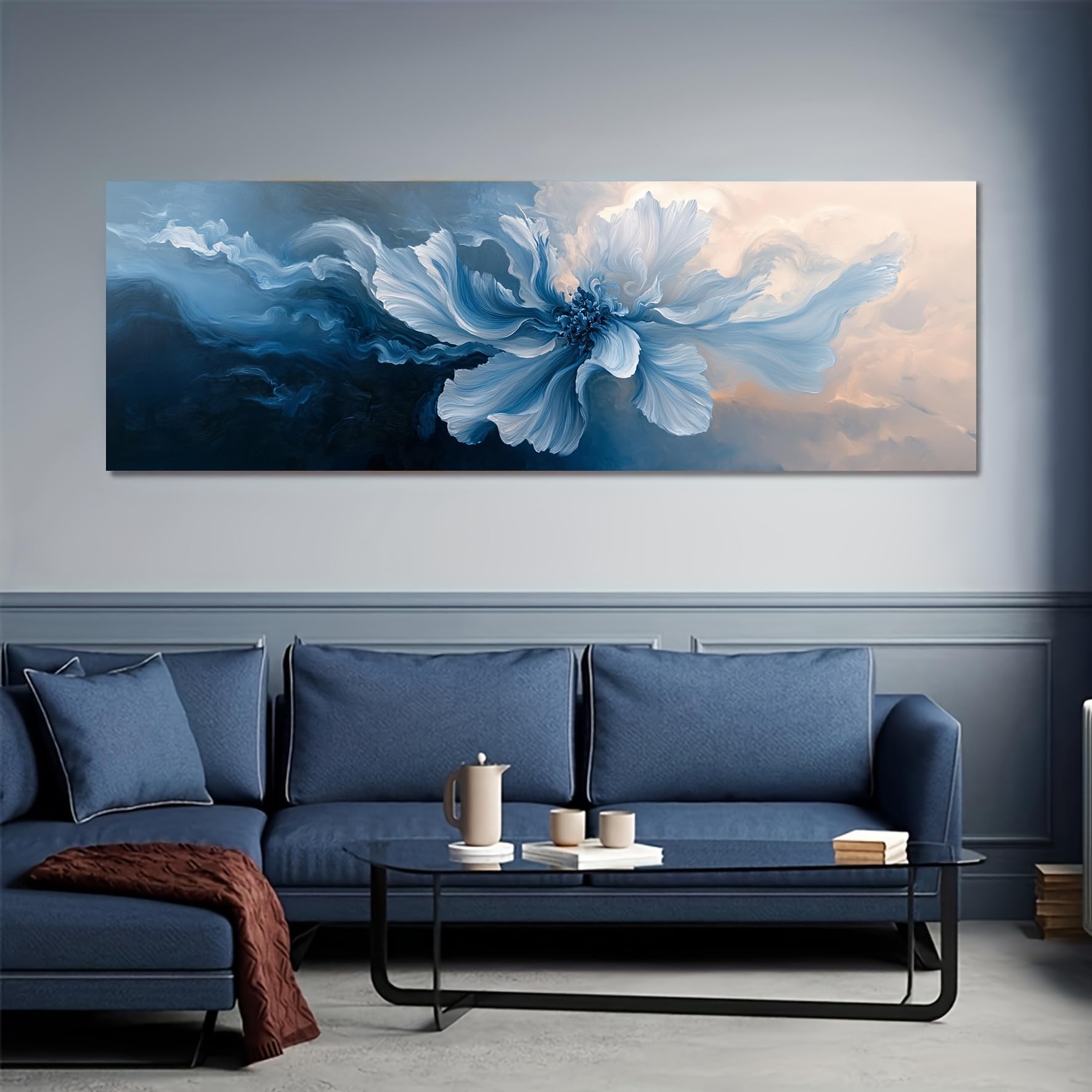 Cuadro de peonías para sala de estar pintura abstracta azul salón moderno dormitorio actual
