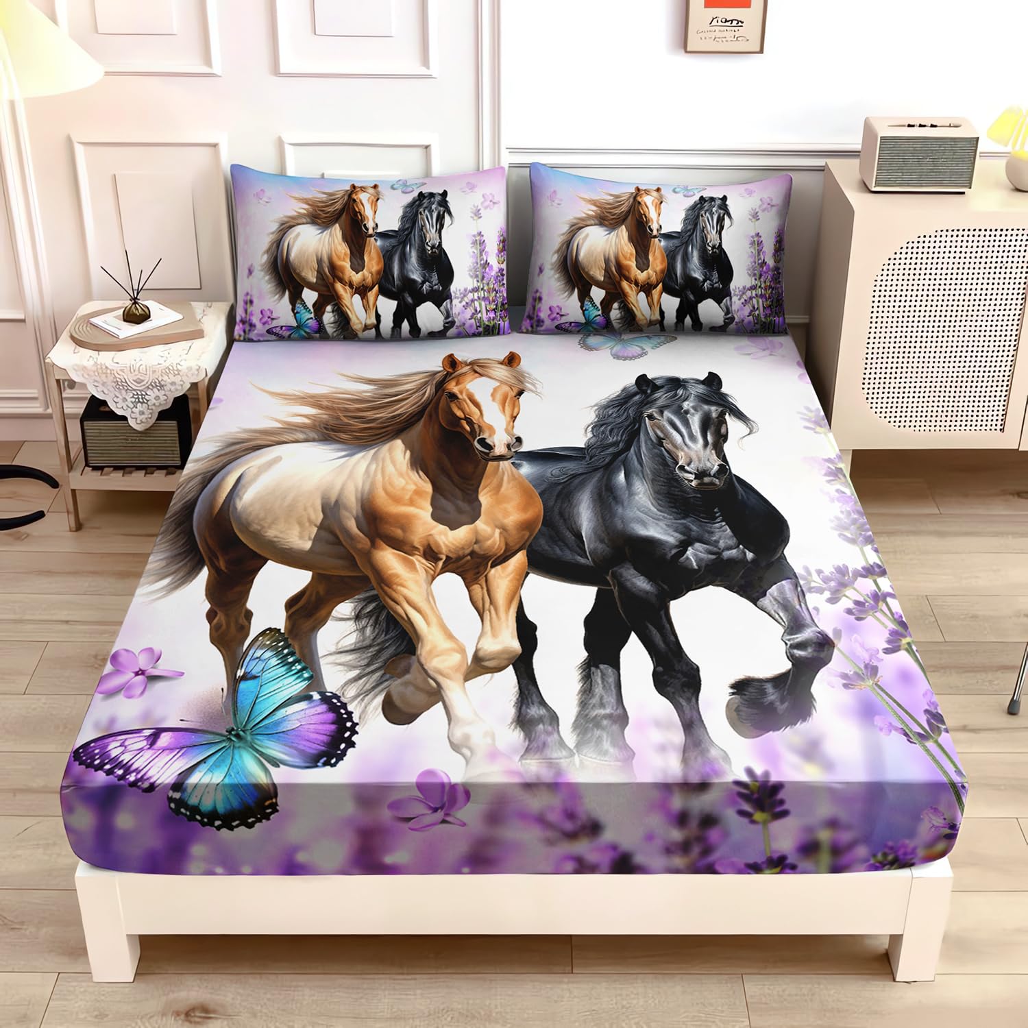UEVBF Galloping Horse Bedding Full Fitted Sheets Set Kids,Lavender Butterfly Fitted Sheet Set for Girls Boys Teens Bedroom Decor,Wild Animal Themed Bedding Sets,1 Fitted Sheet+2 Pillowcases.