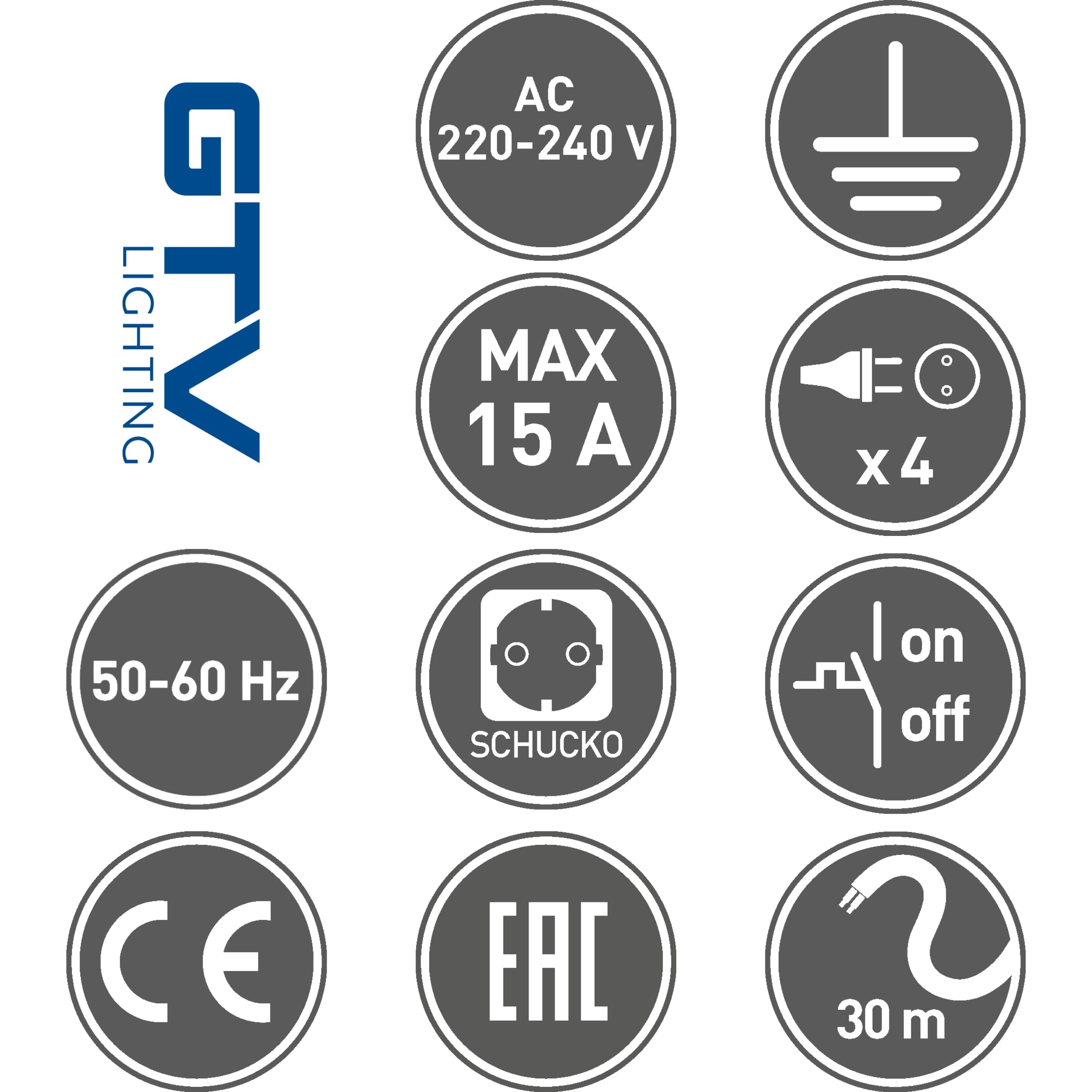 GTV Avvolgicavo 30m con 4 Prese Schuko Typ F, Cavo Elettrico 230V 3x1,5mm², 3500W Srotolato, Protezione Termica, Resistente alle Intemperie, Nero, per Esterni