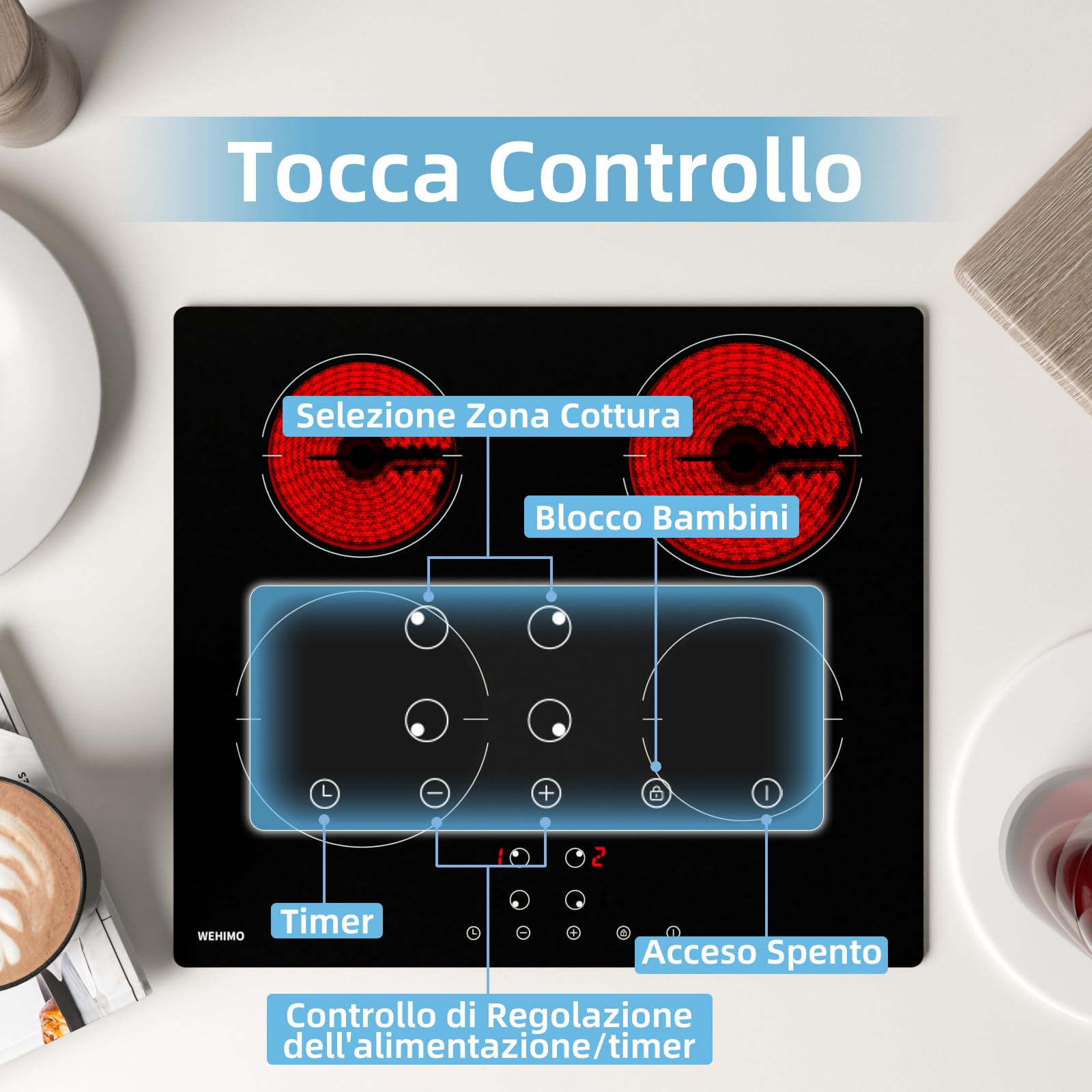 WEHIMO Piano Cottura in Vetroceramica 4 Fuochi, Piano Cottura Elettrico, 59cm, 6000W, 4 Zone di Cottura, 9 Livelli di Riscaldamento, Timer, Controllo Tocco, Sicurezza Bambini