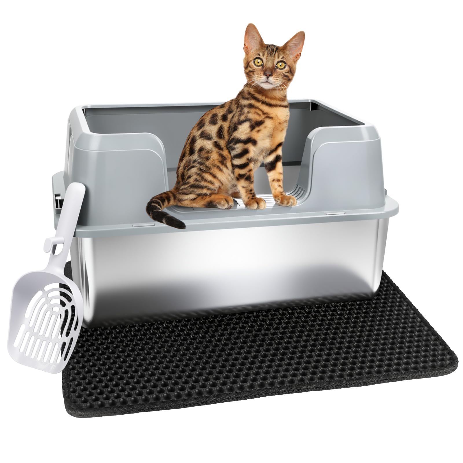Vivifying Stainless Steel Cat Litter Tray with Lid, Easy to Clean and Odour-Resistant Stainless Steel Litter Box with Scoop and Mat (47x30x29CM, Grey)