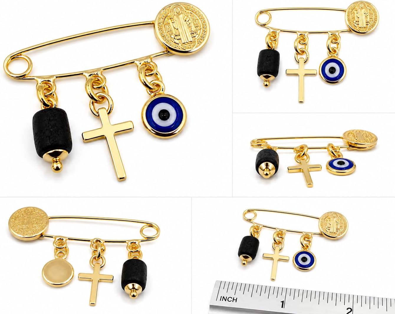 LESLIE BOULES Gold Plated Saint Benedict Baby Brooch Jeweled Safety Pin Genuine Azabache and Evil Eye Pendant Protection Jewelry
