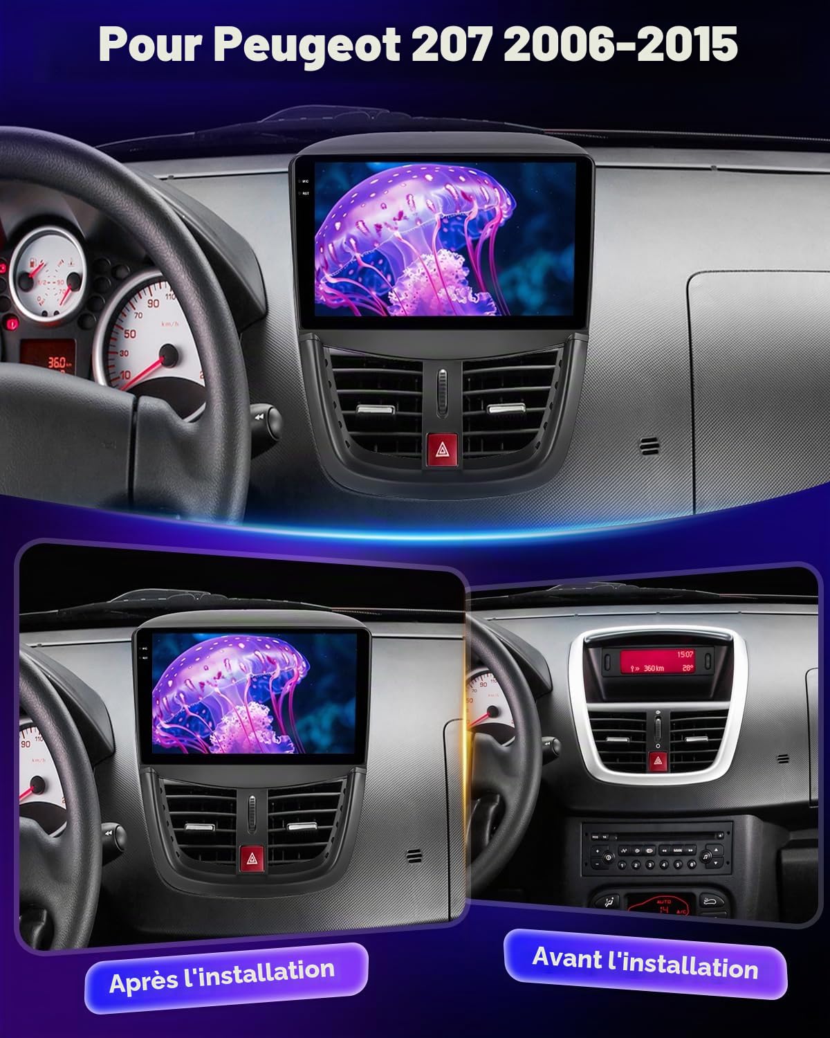 NHOPEEW Autoradio 4+64G Android pour Peugeot 207 2006-2015 avec Carplay sans Fil et Android Auto - Écran incell 9 Pouces Prise en Charge WiFi GPS Commandes au Volant + Caméra de recul, Canbus