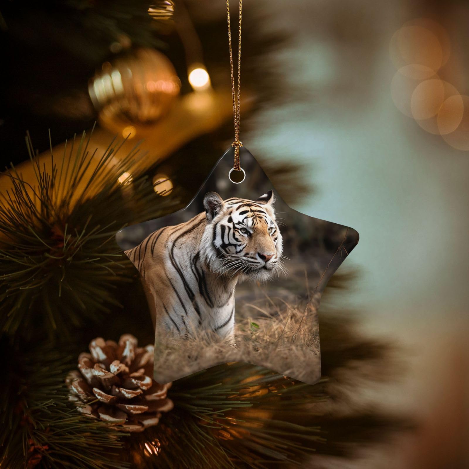 Christmas Ornaments for Christmas Tree Decoration Hanging Wildlife Tiger Ornament with Gold Ribbon Crafts Star Shape Ceramic Pendant for Keepsake Gifts Xmas Decor Party Supplies