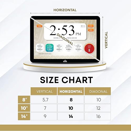 Miniatura 8 de Reloj Azan digital de 14" con WiFi, Pantalla táctil dinámica, Tiempos de oración mundial, Jugador completo del Corán, Arte islámico, Transmisión de