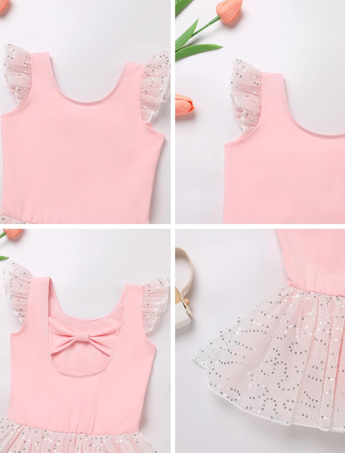 Kid Girls Classic Ruffle Sleeve Ballet Skirted Leotard Shiny Dance Tutu Dresses Ballerina Costume