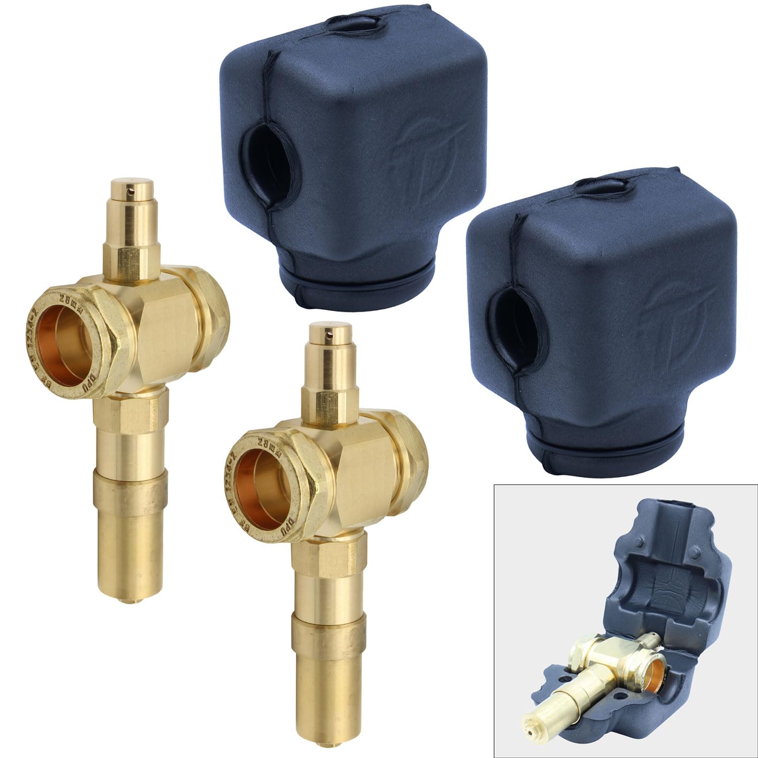 2 x Tesla Heat Pump Premium Anti-Freeze Valve 28mm x 28mm Compression AFV28 with 2 x AFV28SHELL Insulation Shell