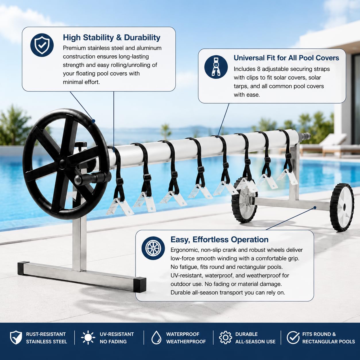 Système d'enroulement Mobile, Réglable de 3 m-5,7 m, Enrouleur piscine, Enrouleur de bâche de piscine, Résistant aux Intempéries, avec Roulettes et Sangles de Fixation, Dispositif d'enroulement-CR4