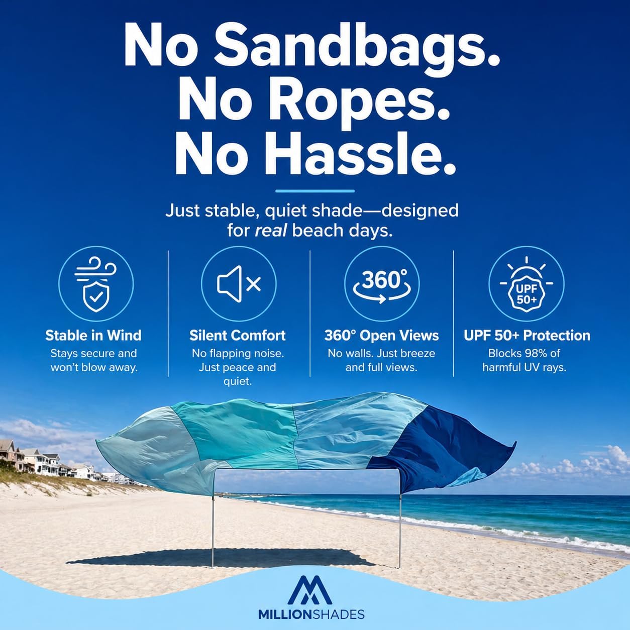 Beach Sun Shade 14x14 ft – Grande Wind-Propelled® Beach Shade Sail, Large Beach Sun Shade for Beach, UPF 50+, Portable Beach Canopy, MillionShades®