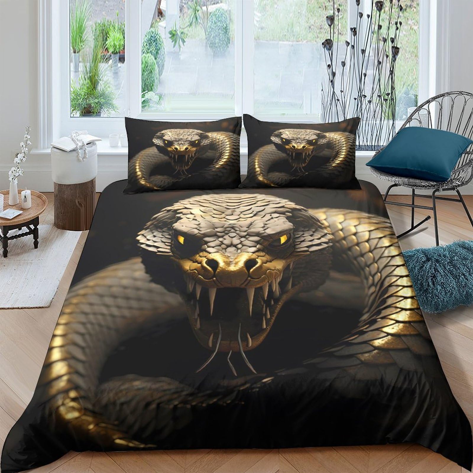 Ctjqhvkz Style-7 3D Printed Golden Snake Fitted Sheet Microfiber Soft Black Python Bed Cover For Bedroom Dorm Mattress Protection Decor Single（135X200cm）
