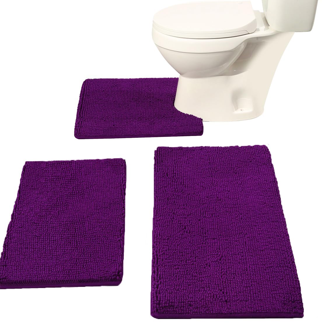 Madeals Lot de 3 tapis de bain à poils longs et doux pour salle de bain, douche et WC en forme de U Violet