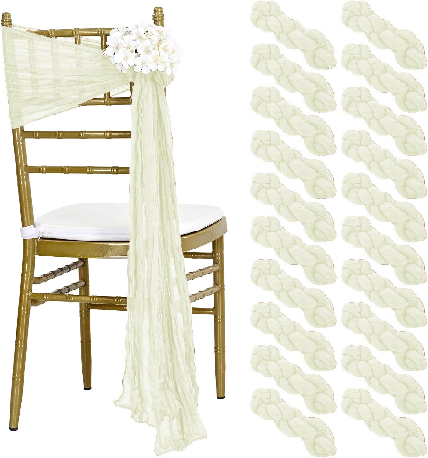MDS Christmas Cheesecloth Chair Sashes 17x70 Inch - Pack of 25 - Rustic Gauze Chair Bows for New Year Holiday Party, Harvest Dinner, Thanksgiving, Wedding, Banquet Farmhouse Home Décor - Ivory