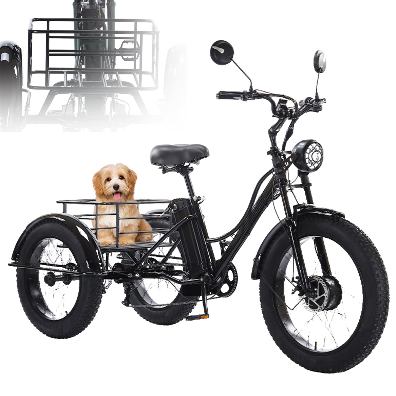 BuilfutenM 24 Inch 3 wheel Fat Wheel Electric Tricycle Cargo Power-Assisted Pedal Fat Tire for Adults 200kg Load Capacitay with Cargo Basket Elderly Exercise Shopping Scooter Comfortable Rides