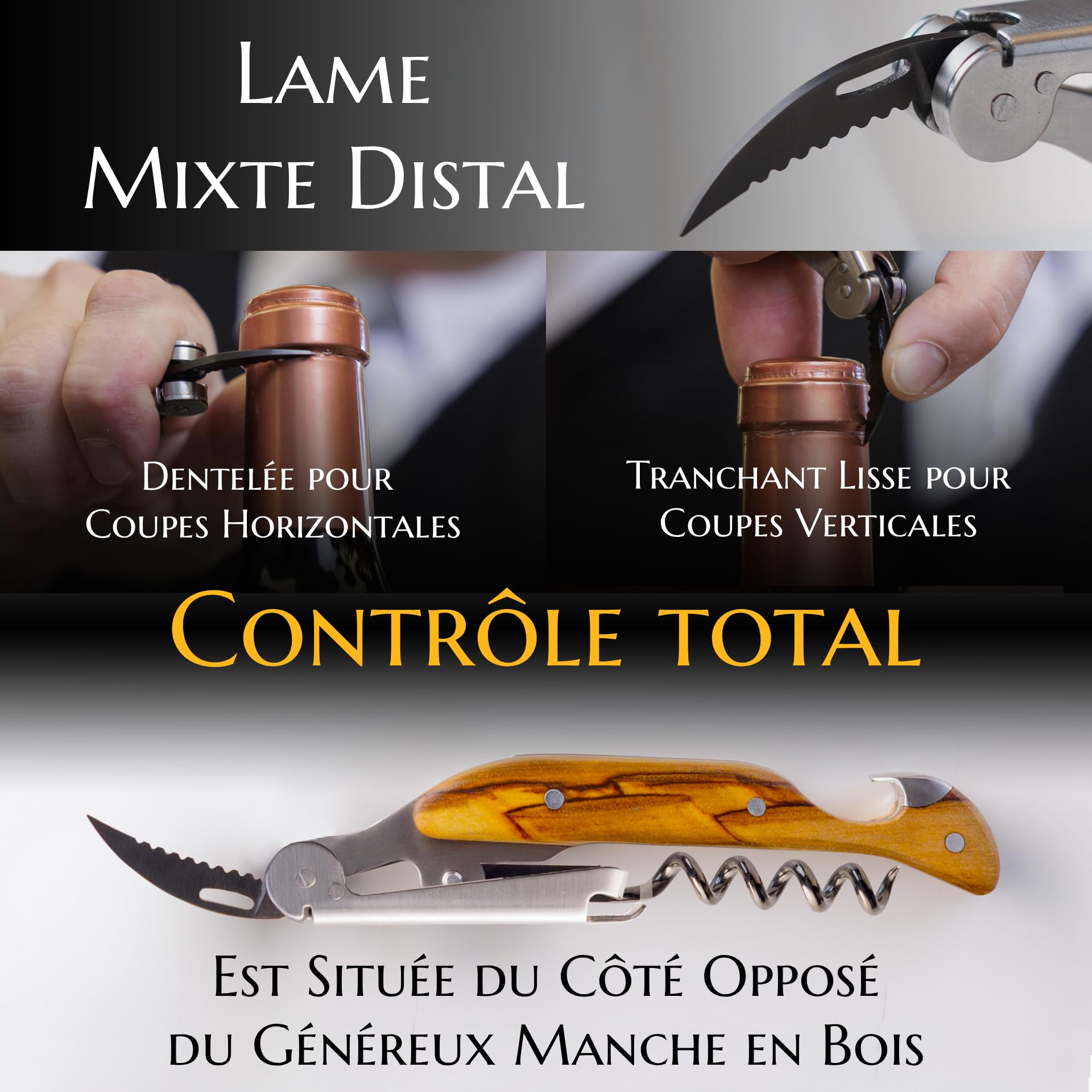 Limonadier pour Professionnels FALCORK® 144 Efficacité – Tire-Bouchon à Une Étape pour Usage Intensif en Hôtellerie-Restauration avec Hélice Marquée, Décapsuleur Intégré et Manche en Bois d’Olivier