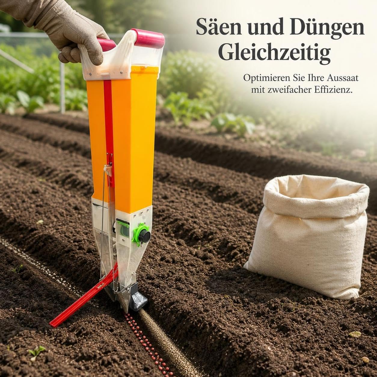 Manuelle Sämaschine, Einstellbarer, Lineal enthalten, Manuelles Düngergerät, Vorbereitung der Beete, Für Selbstversorger, Orange, Doppelmund-Sämaschine mit 6 Saaträdern, kann säen und düngen