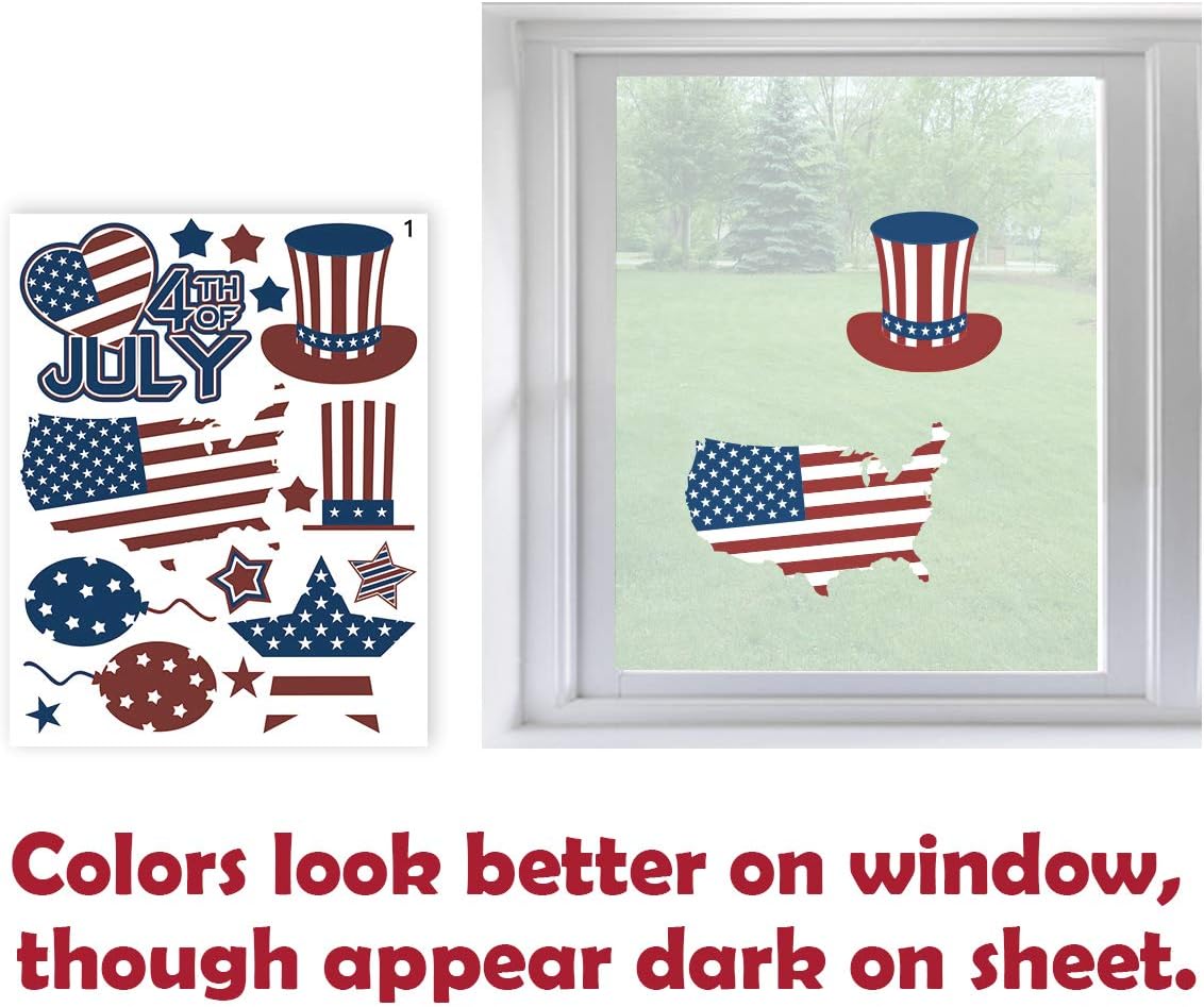 Ivenf 4th of July Decorations Window Clings Decor, July Fourth Patriotic Decorations for Home School Office, Stars Fireworks Flags Map Party Supplies, 4 Large Sheets 78 ct