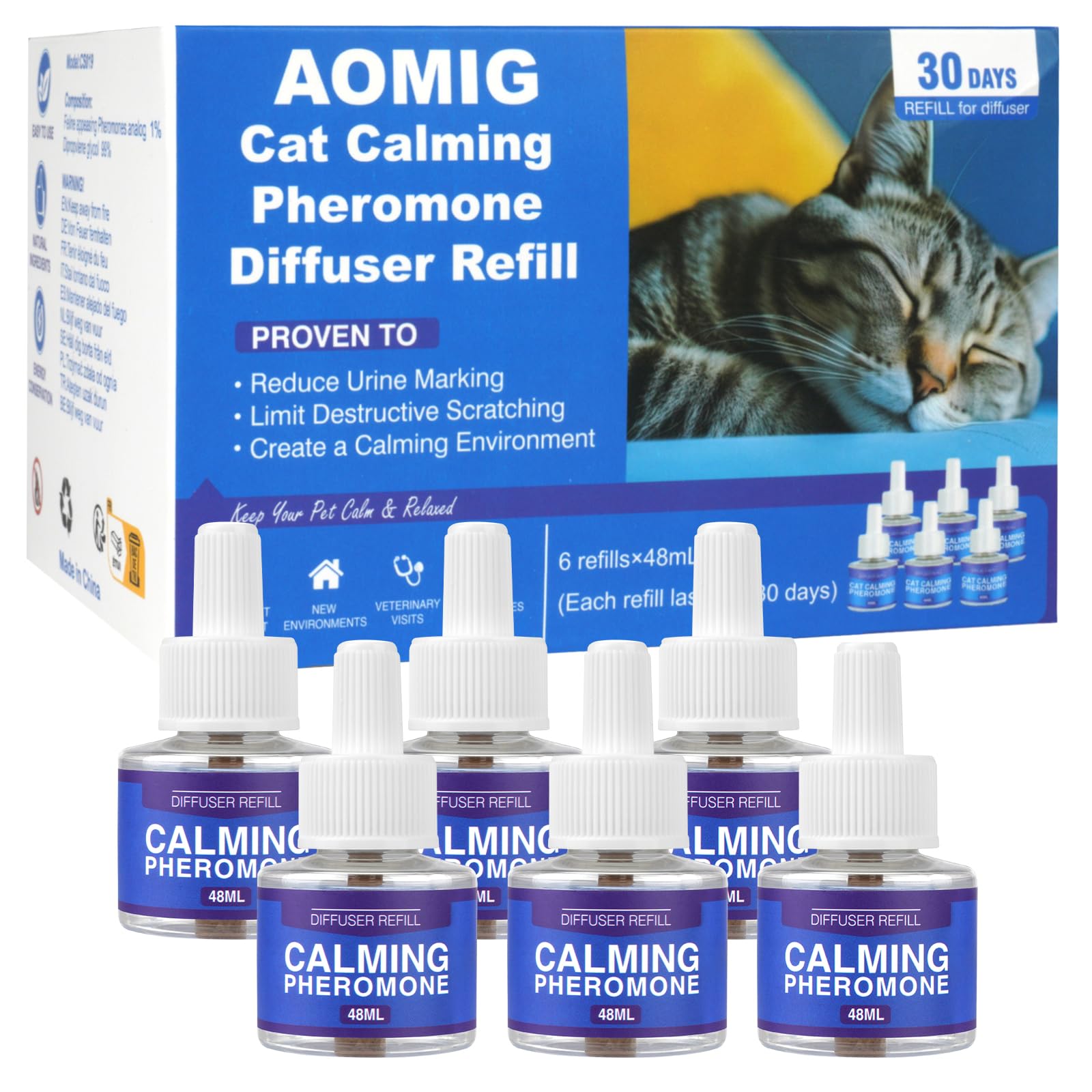 Aomig Pets Recharge Diffuseur pour Chats Lot de 6 * 48ml, Recharge Complexe de Phéromones, Pheromones Aider Votre Chat à se Calmer