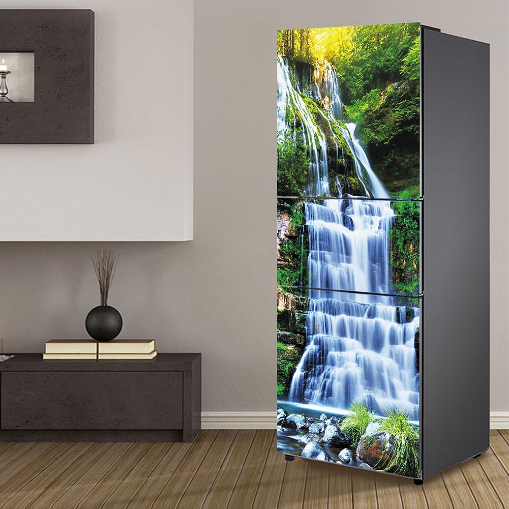 Myxjx One Color Fridge Wrap, Full Covering Door Fridge Covers Skins Wall Stickers For Kitchen Decal, Waterfall Green Tree Landscape