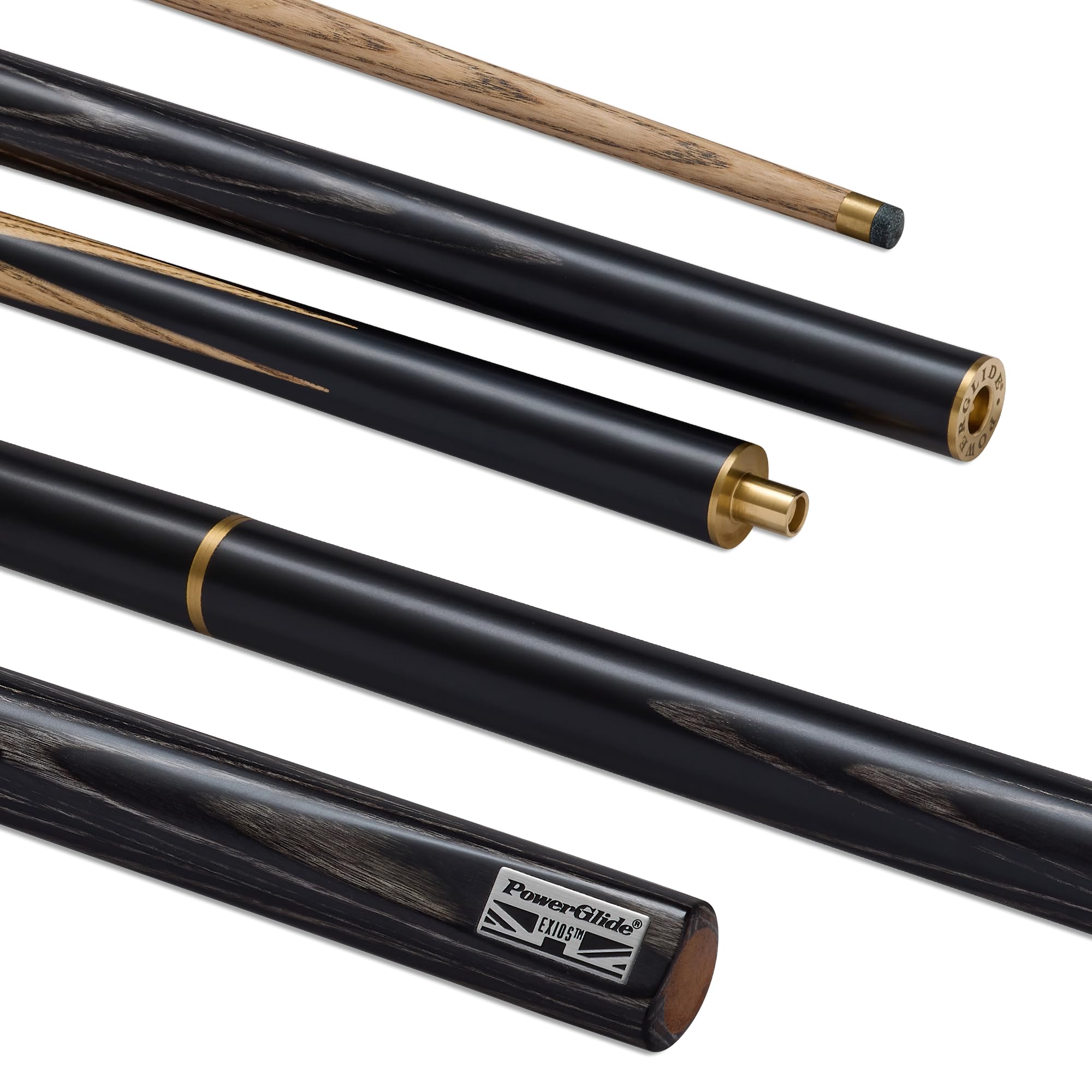 POWERGLIDE Exios 3/4 Jointed Snooker Cue – Ash Shaft, Hand Spliced Butt, Brass Joint, 9.5mm Tip – Performance Cue for Improving & League Players (Rainbow, Black/Grey, Brown & Blue Splice Designs) — image 1