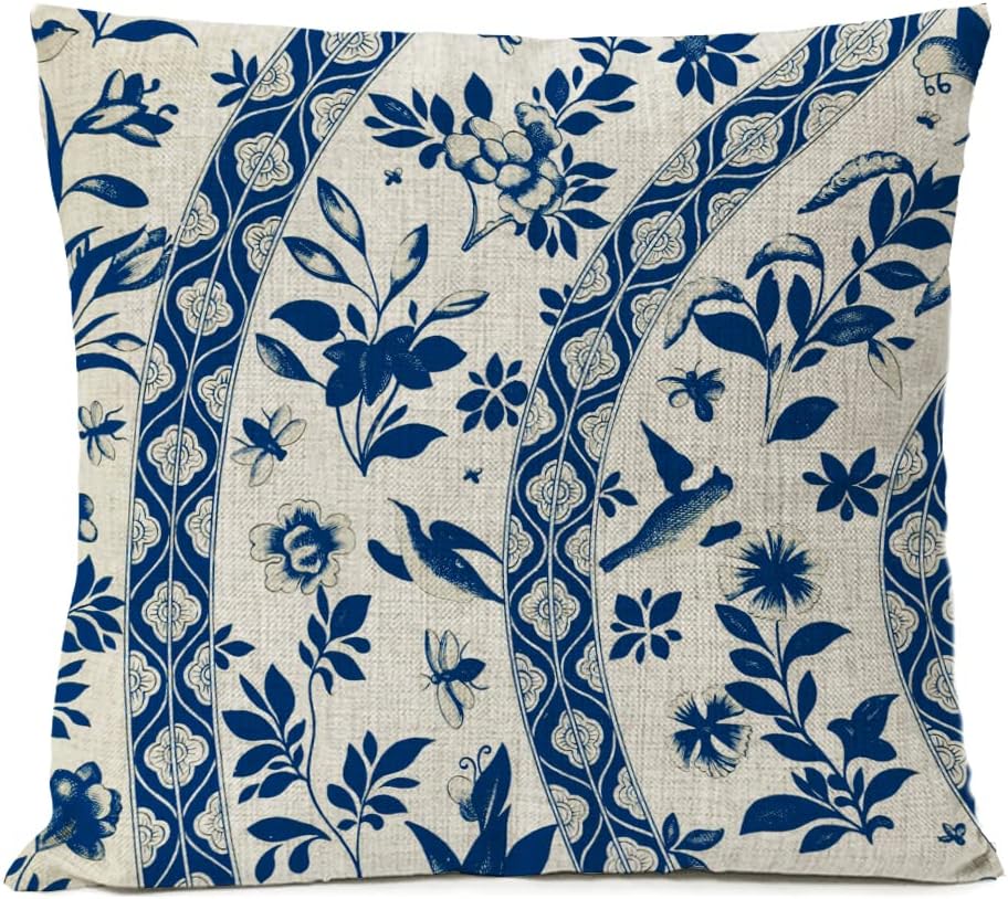 Blue Flowers Pillow Covers 20x20 inchs Set of 4 Leaf Floral Linen Pillow Cover Home Decorative Sofa Leaves Vintage Pillow Cases Cushion Cover