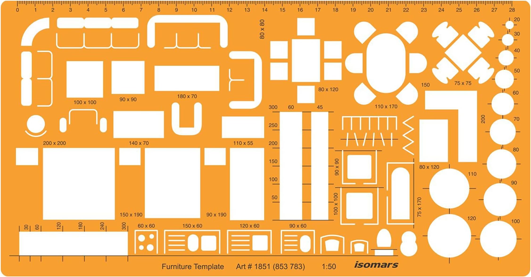 Isomars 1851 Architectural Drawing Stencil 1:50 Scale Template, Orange