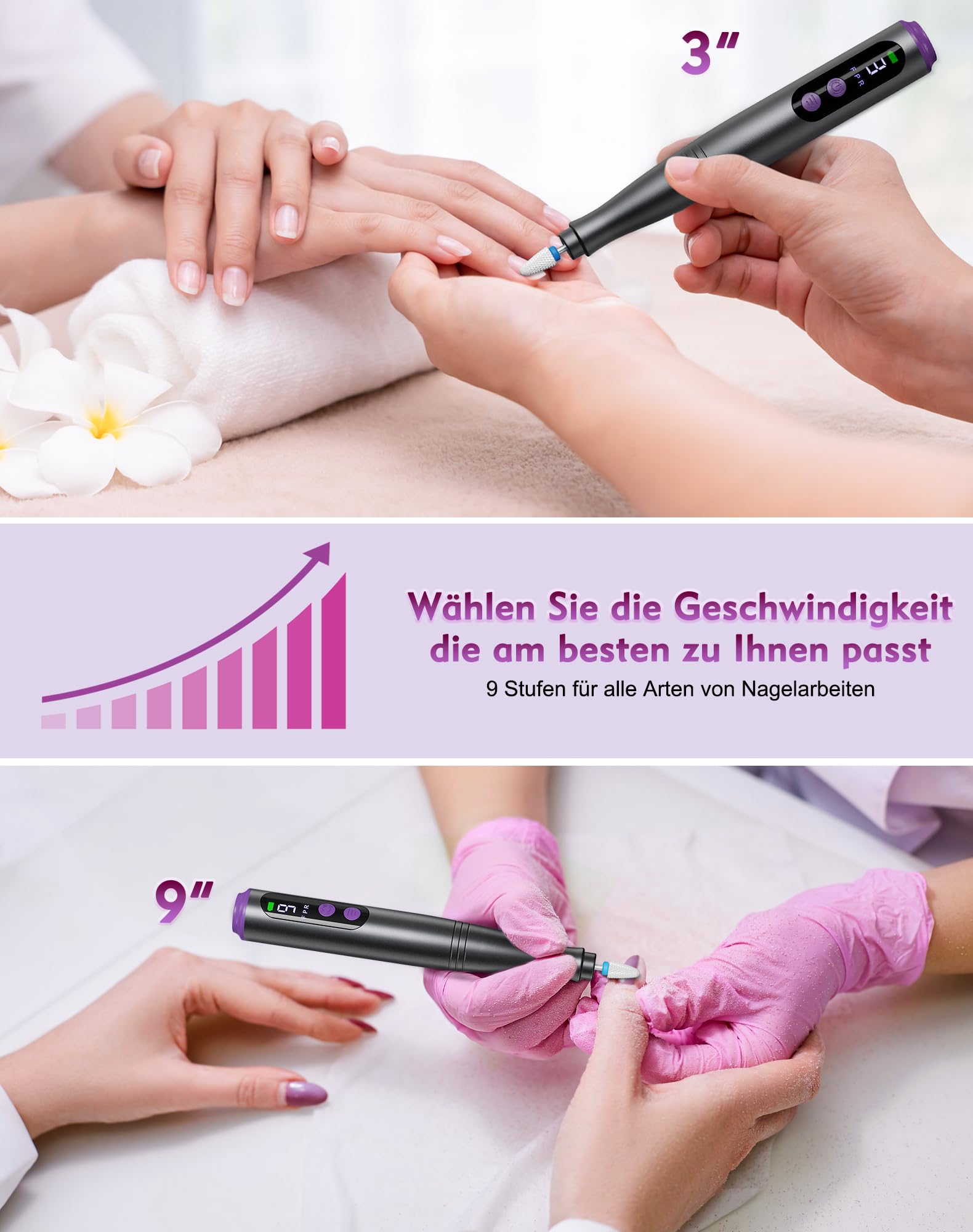 Nagelfräser Set Elektrisch mit LCD Display, Elektrische Nagelfeile Kabellos USB-C Wiederaufladbar, 9 Geschwindigkeiten bis 20000 U/min, Nagelschleifer für Gelnägel, Acrylnägel, Maniküre, Pediküre