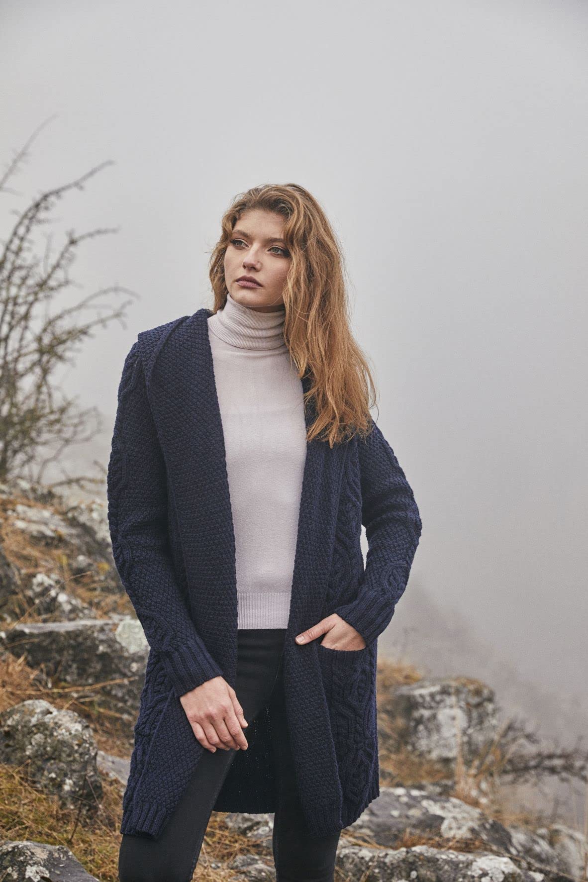 SAOL Klassische Passform Lange Strickjacke mit Kapuze aus 100% Merinowolle für Damen