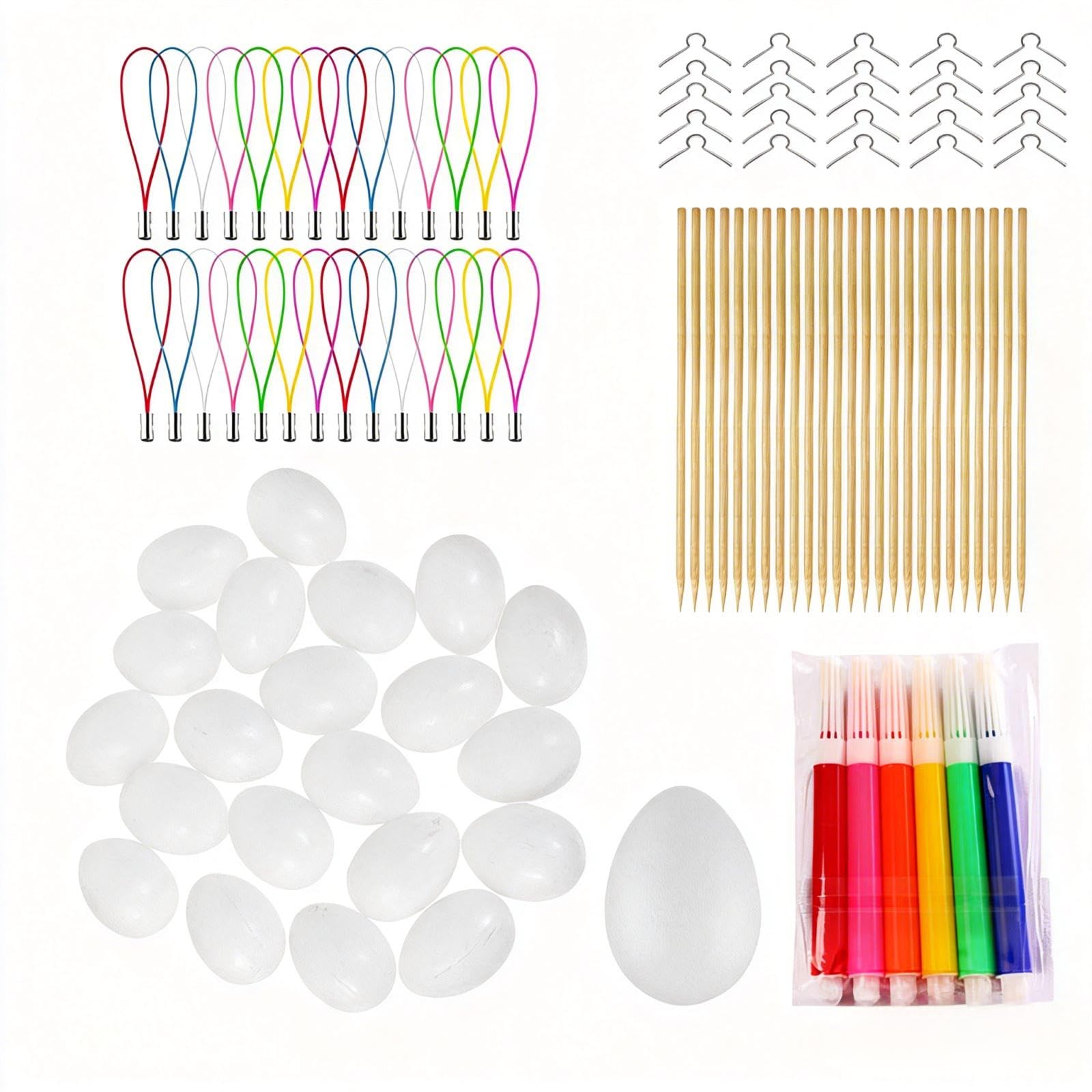 ASOPFYUM 25 Pcs Ostereier zum Aufhängen Ostereier, 25 Handyketten 25 Eisendrähte 20 Bambusstäbe 6 Farbige Aquarellstifte, Ostereier Plastik, Eier zum Bemalen, Ostereier Plastik Weiß, Ostern Deko, DIY