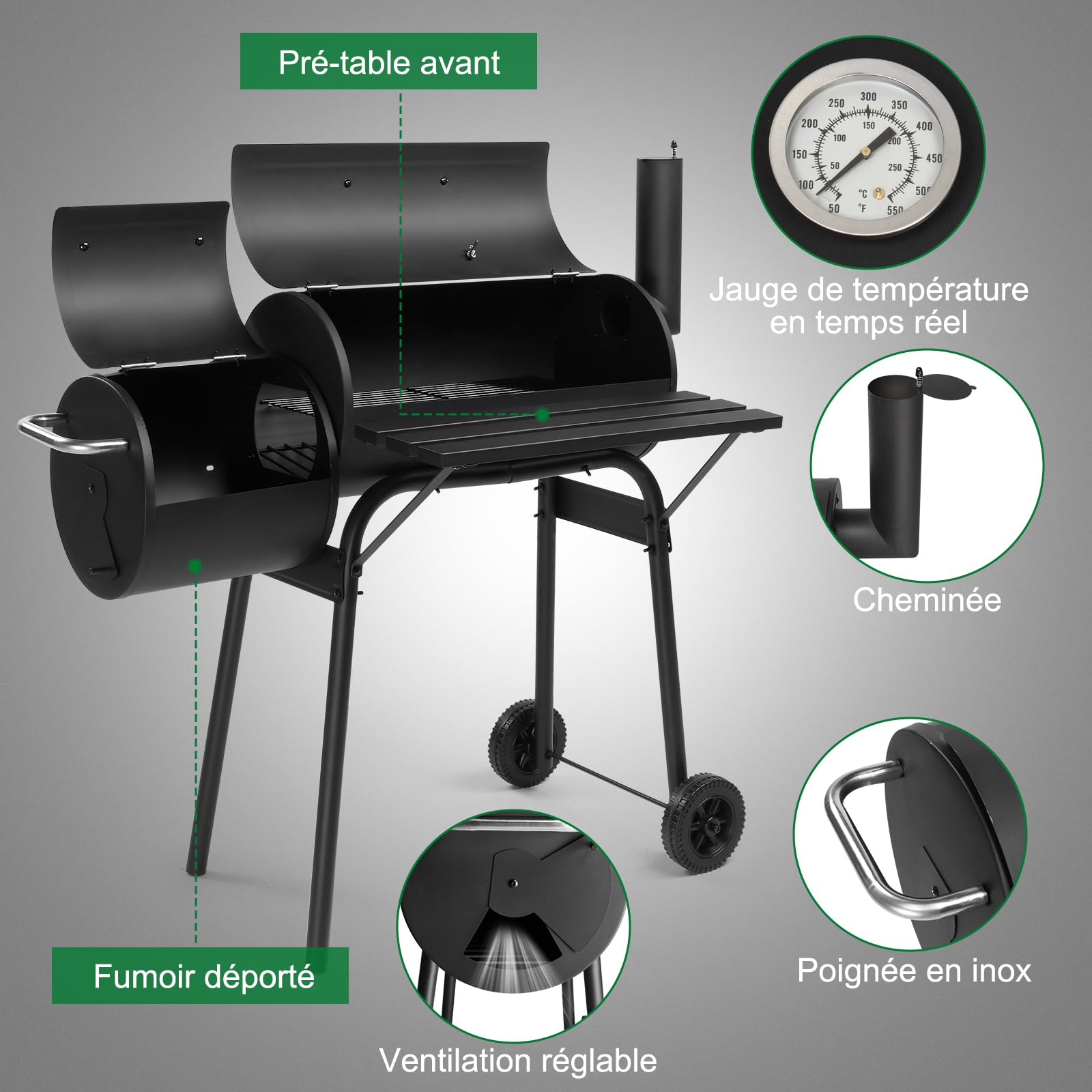LEADZM Barbecue Charbon de Bois avec grande grille de cuisson–Double foyer，Chariot de barbecue mobile haut de gamme - Fumoir en métal pour jardin et terrasse, 111x54x93 cm