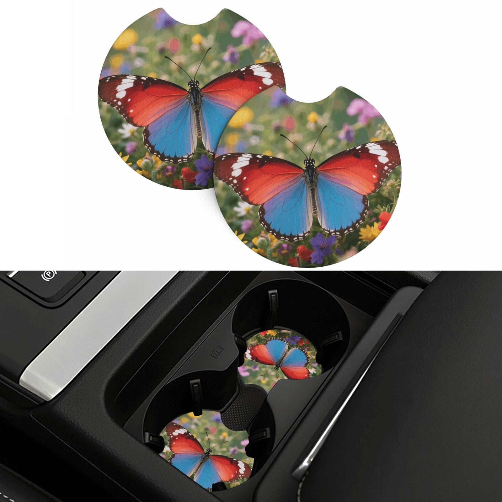 2 Pack Car Coasters,2.7" Universal Car Cup Holder Coasters Non-Slip Neoprene Cup Pad Mat Coaster Car Interior Accessories for Women Men Butterfly