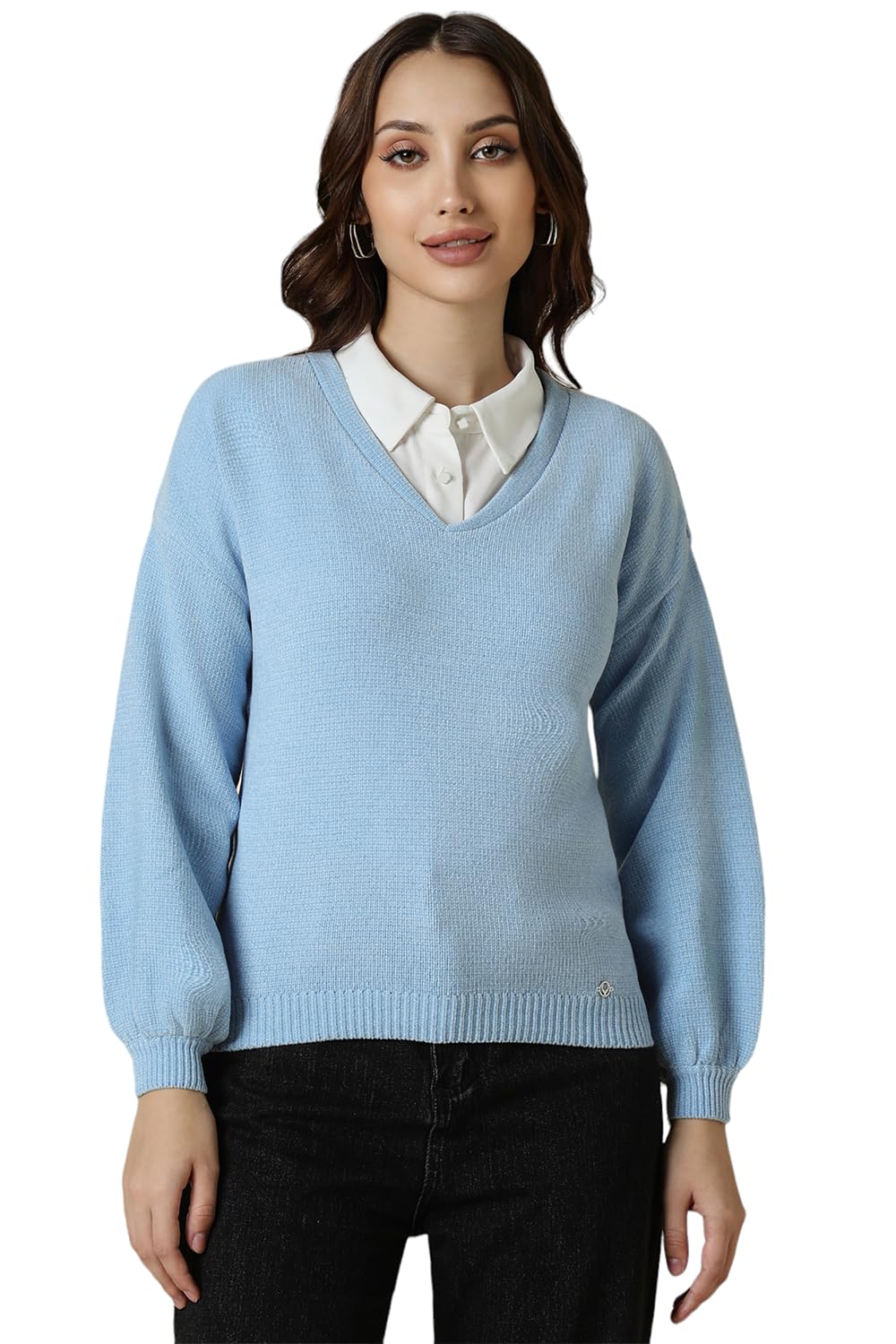 allen solly Women Blue Textured V Neck Casual Sweater-picture-17