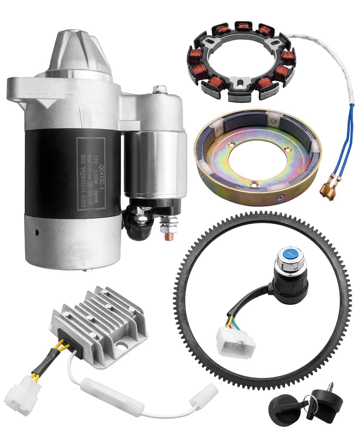 Diesel Electric Starter Motor kit with Flywheel Generator Rectifier Voltage Regulator Flywheel Ring Gear Ignition Key Switch, Fit for L100 186F 186FA Diesel Engine Starter