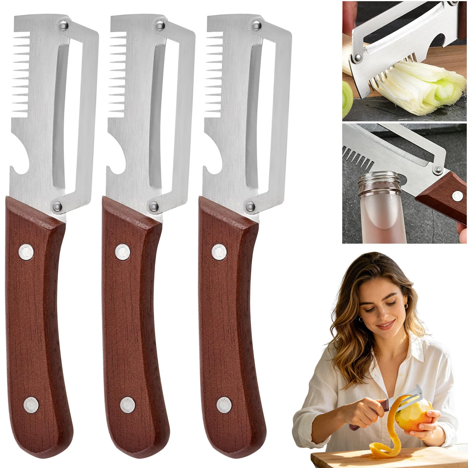 Multifunctional Vegetable Peeler, 2026 New 3-in-1 Peeler & Bottle Opener & Julienne Peeler, Multi Function Peeler Knife Stainless Steel Ergonomic Kitchen Tool for Potato Fruit Vegetable (3*Brown)