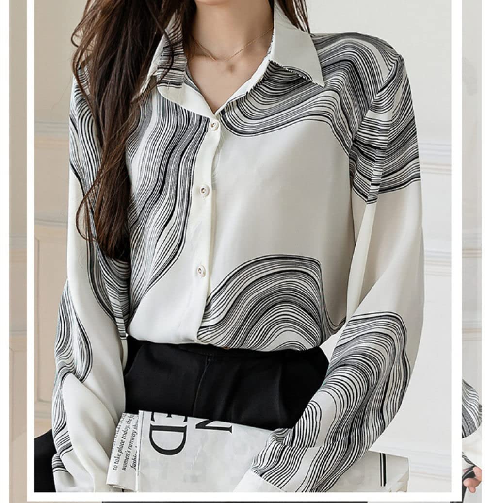 Elegantes Lässiges Langarm-Top,Damen Satin Bluse Shirt Tuschemalerei Langarm Vintage Mode Seidenhemden Business Hemd Mit Knopf Sexy Party Tops Lässige Arbeit Bürobluse Für Mädchen Damen