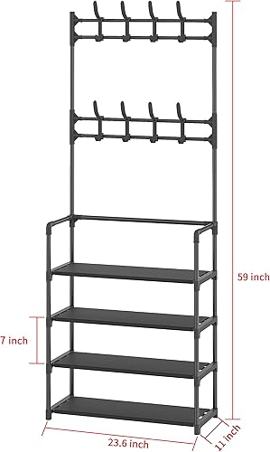 Miniatura 4 de Perchero para zapatos 3 en 1 diseñado de estante de almacenamiento de metal con bolsa, abrigo, sombrero, paraguas, zapatero se adapta a tu pasillo,