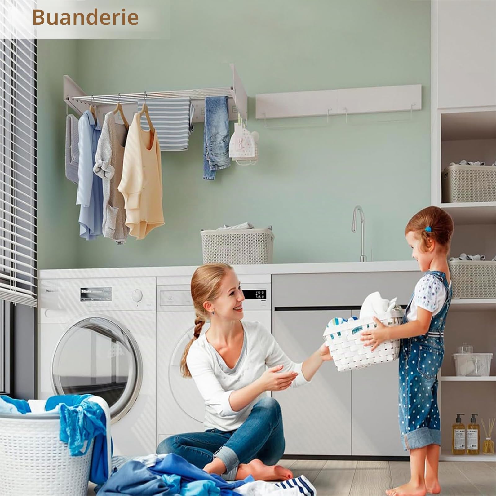 Séchoir à linge mural extensible - Charge maximale : 30 kg - Séchoir mural 80 x 40 x 10 cm - Pour l'intérieur ou l'extérieur - Peu encombrant - Design compact et fin - Blanc
