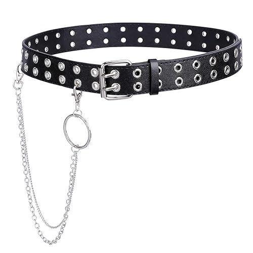 WERFORU Double Grommet Belt Women PU Leather Double Hole Eyelet Belt Punk Goth Halloween Belt for Jeans Pants - Black+chain - suit for pant below 40"
