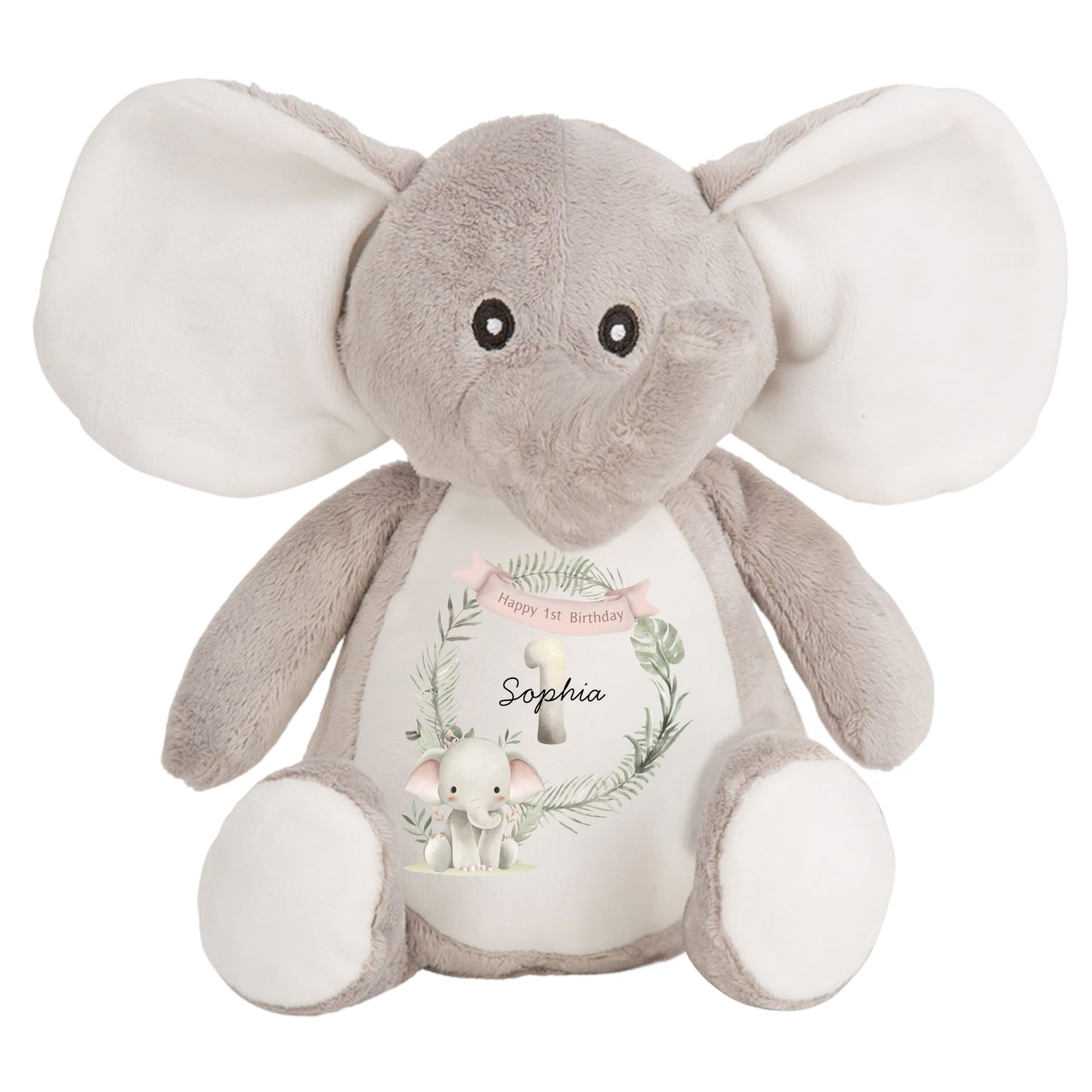HotScamp Personalised 1st Birthday Toy with Name Pink Happy First Birthday Elephant 1 year old Bday for Girl Plush Soft Teddy Cuddly Keepsake - Pink Design Grey Elephant