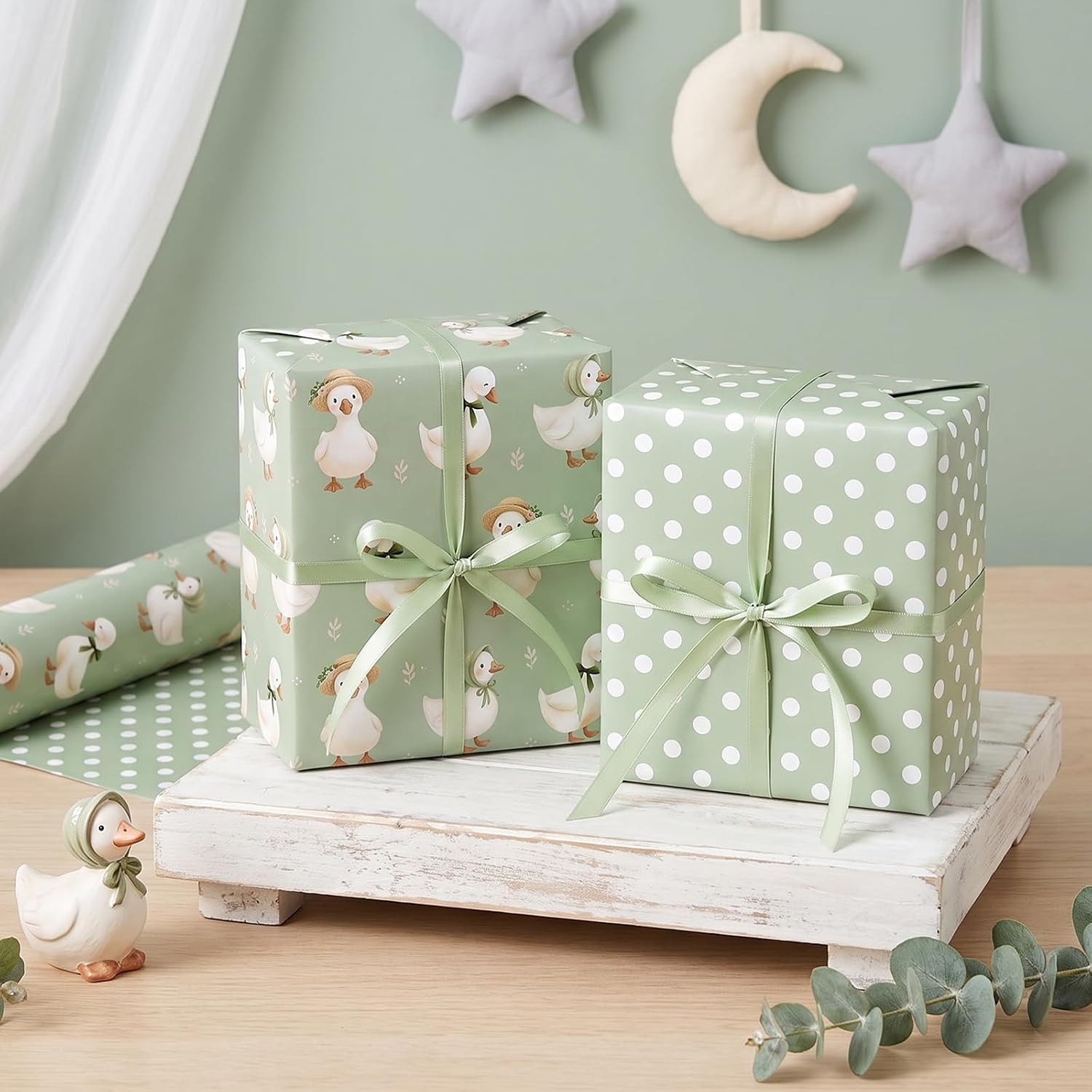 WRAPAHOLIC Reversible Goose Wrapping Paper Sage Green Hat Goose Polka Dot image 4