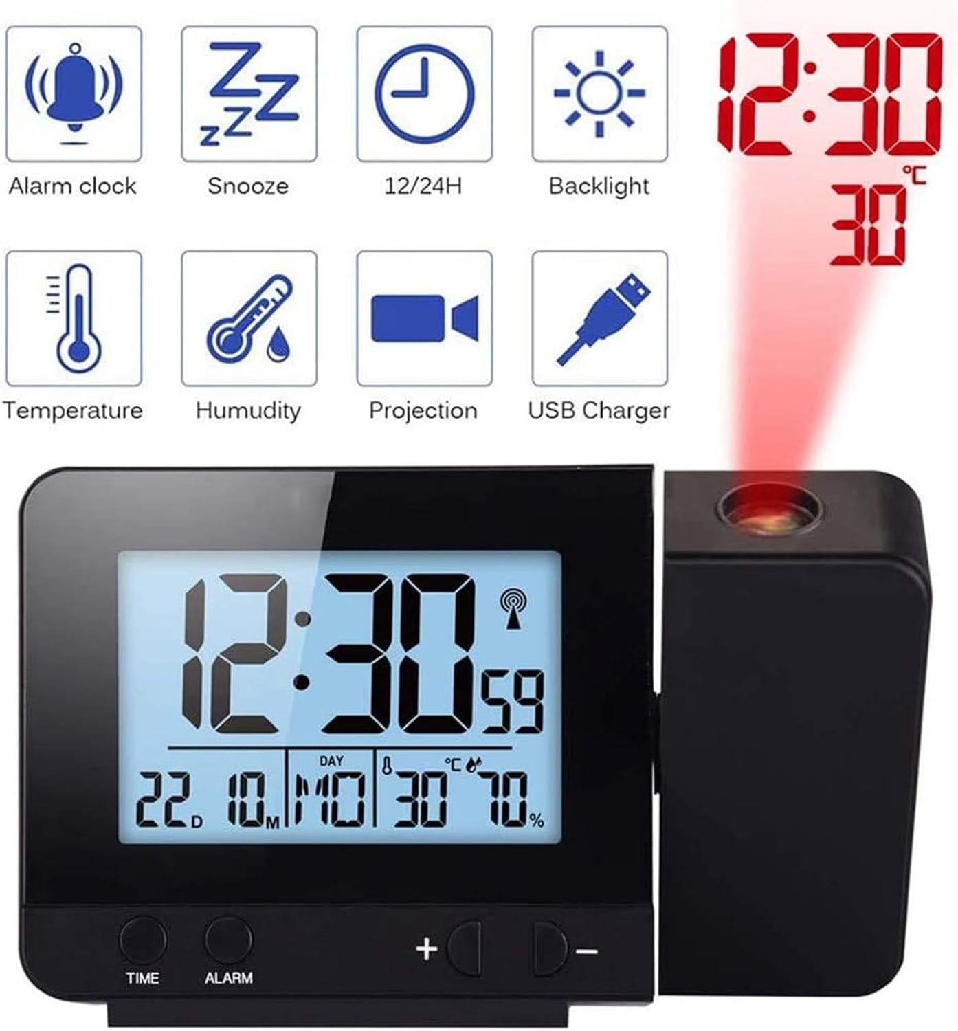 LED Display Projector Clock, Ceiling/Wall Projection Alarm Clock with Temperature, Humidity, Time and Date Display, Dual Alarm Clock & 180° Rotation Function, for Household Bedroom