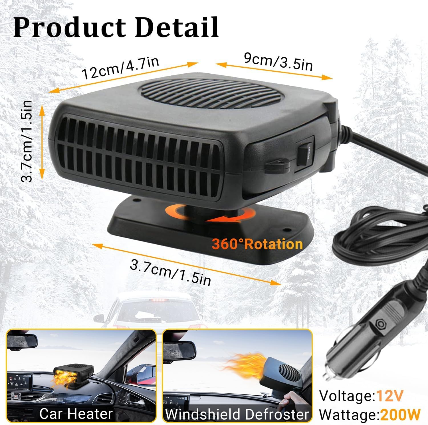 Chauffage de Voiture, 12V 200W Portable Chauffage Rapide - Dégivreur 2 en 1 - Chauffage et Refroidissement de Pare-Brise de Voiture - Se connecte à l'allume-Cigare - pour Voitures, SUV